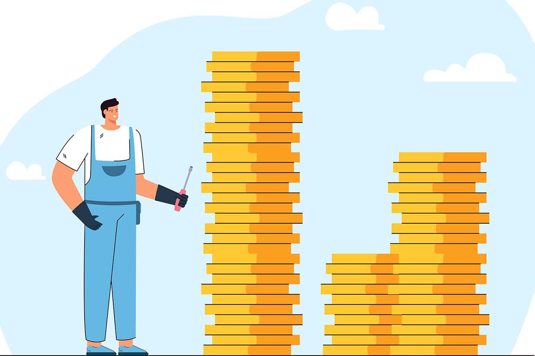 Техник с отверткой стоит рядом со стопками золотых монет