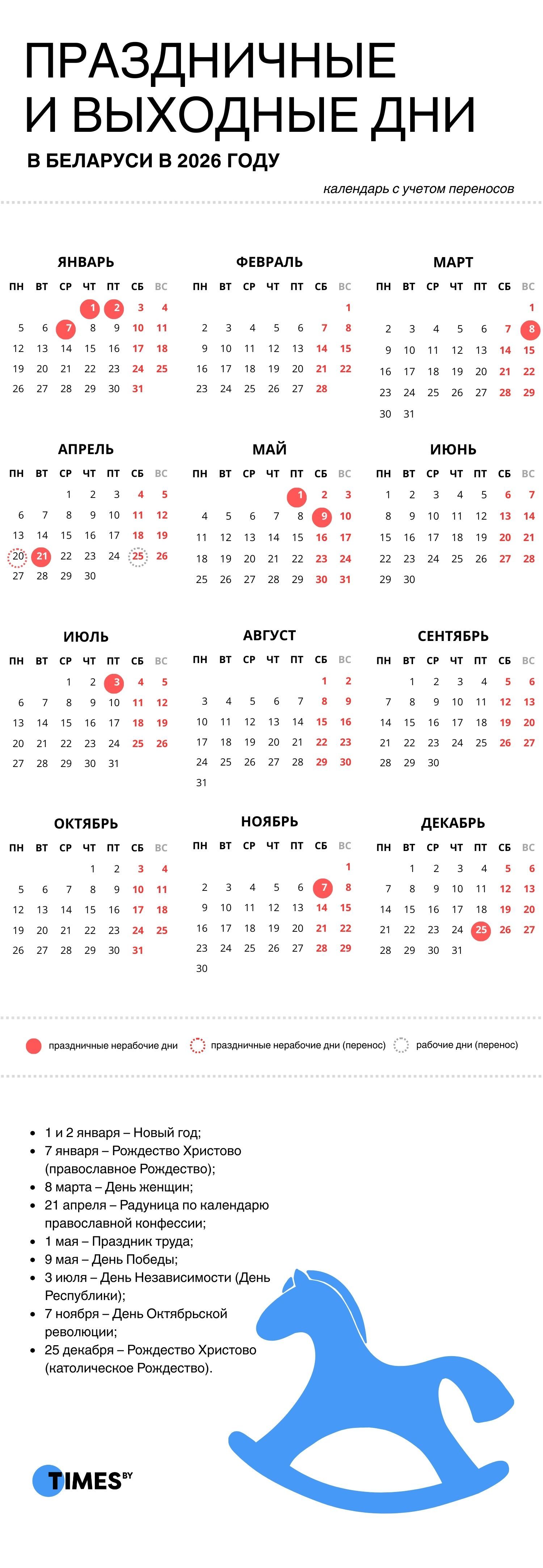 Календарь праздничных и выходных дней на 2026 год. ©Times.by